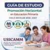Portada de una guía de estudio de "Promoción Horizontal en Educación Primaria" para el ciclo escolar 2026-2027, que muestra a tres adultos sonrientes estudiando juntos con libros y un ordenador portátil, y coloridos iconos relacionados con la educación.