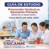 Portada de una guía de estudio para "Promoción Vertical en Educación Primaria", con un profesor sonriente y dos alumnos escribiendo en un pupitre, con otros niños trabajando al fondo. El título y los logotipos aparecen arriba y abajo.