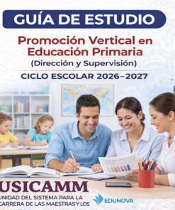Portada de una guía de estudio para "Promoción Vertical en Educación Primaria", con un profesor sonriente y dos alumnos escribiendo en un pupitre, con otros niños trabajando al fondo. El título y los logotipos aparecen arriba y abajo.