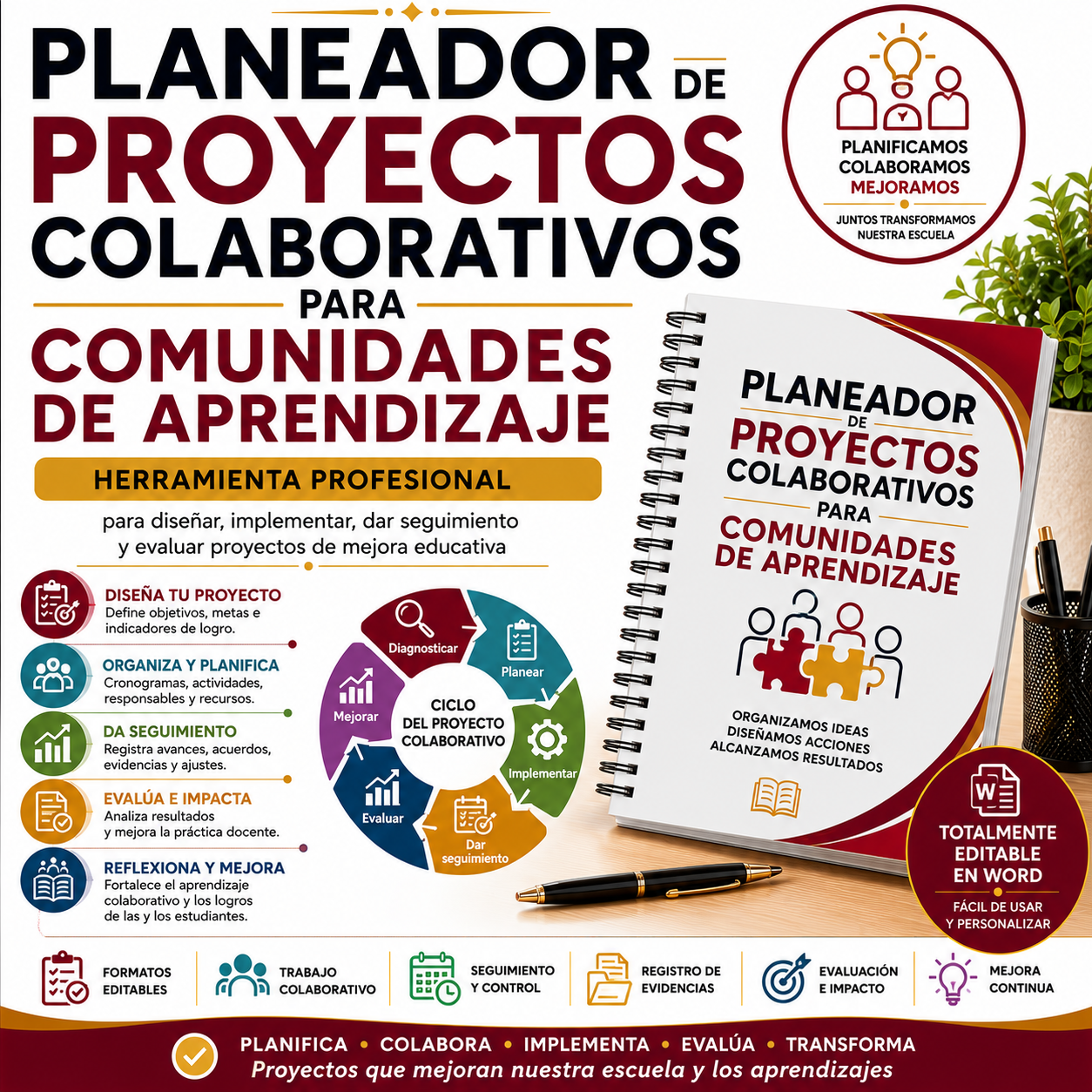 Planeador de Proyectos Colaborativos para Comunidades de Aprendizaje Editable en Word | Formatos para Diseñar, Gestionar y Evaluar Proyectos de Mejora Educativa 1 Planeador de Proyectos Colaborativos para Comunidades de Aprendizaje Editable en Word | Formatos para Diseñar, Gestionar y Evaluar Proyectos de Mejora Educativa