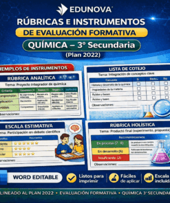 Colorida infografía educativa para 3er grado de química secundaria. Muestra rúbricas analíticas, holísticas, lista de comprobación y escala de valoración para la evaluación formativa, con iconos, un alumno de dibujos animados y aspectos destacados en formato Word editable.