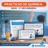 Imagen promocional de un recurso didáctico de química para 3º de secundaria, en el que aparecen ordenadores portátiles y tabletas con diapositivas de lecciones, material de laboratorio y una lista de ventajas como experimentos en clase y presentaciones editables.