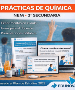 Imagen promocional de un recurso didáctico de química para 3º de secundaria, en el que aparecen ordenadores portátiles y tabletas con diapositivas de lecciones, material de laboratorio y una lista de ventajas como experimentos en clase y presentaciones editables.