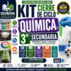 Gráfico promocional de un kit de química para estudiantes de 3º de secundaria de Edunova. Incluye imágenes de material de laboratorio, símbolos químicos, libros y texto en el que se destacan características como experimentos, análisis y alineación NEM.