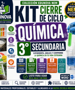 Gráfico promocional de un kit de química para estudiantes de 3º de secundaria de Edunova. Incluye imágenes de material de laboratorio, símbolos químicos, libros y texto en el que se destacan características como experimentos, análisis y alineación NEM.