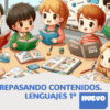 Cinco niños sonrientes están sentados a una mesa leyendo libros de colores en un aula. Detrás de ellos hay una pizarra con dibujos y notas. El texto debajo dice: "Repasando Contenidos. Lenguajes 1°. Nuevo.