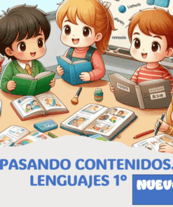 Cinco niños sonrientes están sentados a una mesa leyendo libros de colores en un aula. Detrás de ellos hay una pizarra con dibujos y notas. El texto debajo dice: "Repasando Contenidos. Lenguajes 1°. Nuevo.