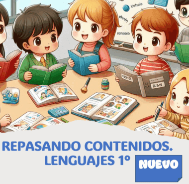 Cinco niños sonrientes están sentados a una mesa leyendo libros de colores en un aula. Detrás de ellos hay una pizarra con dibujos y notas. El texto debajo dice: "Repasando Contenidos. Lenguajes 1°. Nuevo.