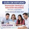Cuatro adultos sonrientes se sientan a una mesa con un ordenador portátil y documentos. El texto de arriba dice: "Guía de Estudio: Promoción Vertical en Educación Secundaria, Ciclo Escolar 2026-2027". Se ven los logotipos de USICAMM y Edunova.