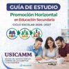 Tres adultos sentados en una mesa estudian juntos con libros y cuadernos abiertos. La imagen promociona una guía de estudio para la promoción horizontal en educación secundaria para el curso 2026-2027.