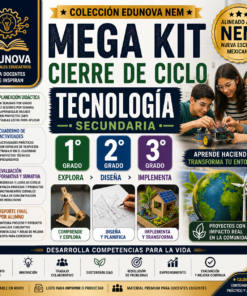 Cartel promocional del "Mega Kit Cierre de Ciclo Tecnología Secundaria" de Edunova NEM, con alumnos trabajando en un proyecto STEM, iconos educativos e información sobre las ventajas y el contenido del kit.