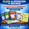 Imagen promocional de un plan de recuperación de matemáticas en secundaria. Incluye libros etiquetados como "Plan de Atención", "Cuaderno de Actividades", "Planeaciones", "Evaluación Final" y material escolar sobre fondo azul.