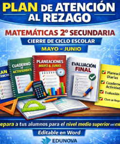 Imagen promocional de un plan de recuperación de matemáticas en secundaria. Incluye libros etiquetados como "Plan de Atención", "Cuaderno de Actividades", "Planeaciones", "Evaluación Final" y material escolar sobre fondo azul.