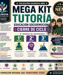 Cartel promocional del Mega Kit Tutoría de Edunova, centrado en la educación socioemocional para alumnos de 3º de secundaria, en el que se muestran los beneficios, los componentes clave y cuatro alumnos sonrientes trabajando juntos. Texto e iconos a todo color.