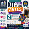 Gráfico promocional del "Edunova NEM Kit Cierre de Ciclo Artes" para 2º de secundaria, en el que aparecen coloridos materiales artísticos, iconos y beneficios educativos como la creatividad, el análisis y el pensamiento crítico.