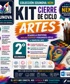 Gráfico promocional del "Edunova NEM Kit Cierre de Ciclo Artes" para 2º de secundaria, en el que aparecen coloridos materiales artísticos, iconos y beneficios educativos como la creatividad, el análisis y el pensamiento crítico.