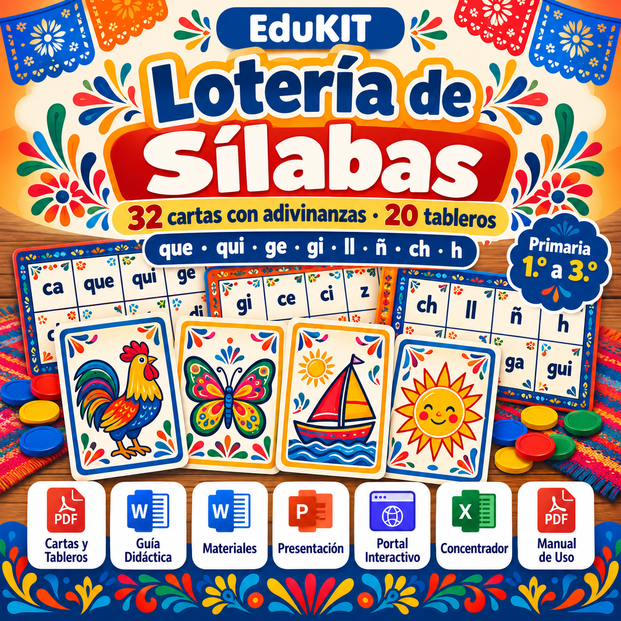 EduKIT Lotería de Sílabas para Primaria | 32 Cartas, 20 Tableros y Portal Interactivo 1 EduKIT Lotería de Sílabas para Primaria | 32 Cartas, 20 Tableros y Portal Interactivo