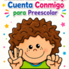 La portada del Cuadernillo de Trabajo Cuenta Conmigo para Preescolar muestra a un sonriente niño de pelo rizado que levanta cuatro dedos, rodeado de estrellas y confeti.