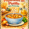 La colorida portada de "Cuadernillo de Trabajo Preparamos un Platillo para Preescolar" muestra un plato de sopa, verduras, aceite y pan sobre una mesa. Incluye espacio para el nombre del alumno y el logotipo de Editorial MD.