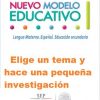 Afiche promocional de "Elige un tema y hace una pequeña investigación - planeación de todo el proyecto por día (incluye lista de cotejo)" que presenta la frase "elige un tema y realiza una pequeña investigación" en español, con puntos coloridos y tipografía, enfatizando mejores estrategias educativas.