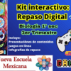 Colorido folleto digital para "Kit interactivo: Repaso Digital", un repaso de biología de 1º de bachillerato. Contiene un mando de juego, un símbolo de Wi-Fi y texto sobre juegos en línea, presentaciones, infografías y "Nueva Escuela Mexicana".