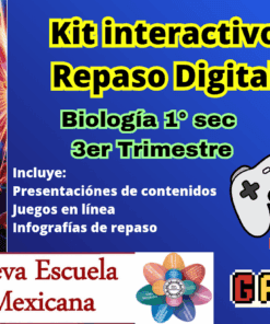 Colorido folleto digital para "Kit interactivo: Repaso Digital", un repaso de biología de 1º de bachillerato. Contiene un mando de juego, un símbolo de Wi-Fi y texto sobre juegos en línea, presentaciones, infografías y "Nueva Escuela Mexicana".