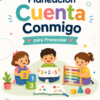 La portada de "Planeación Cuenta Conmigo para Preescolar" muestra a tres niños utilizando herramientas matemáticas como bloques, tarjetas numéricas y un ábaco, rodeados de coloridos iconos preescolares y alegres decoraciones.