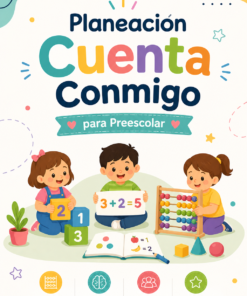 La portada de "Planeación Cuenta Conmigo para Preescolar" muestra a tres niños utilizando herramientas matemáticas como bloques, tarjetas numéricas y un ábaco, rodeados de coloridos iconos preescolares y alegres decoraciones.