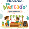 Dos niños juegan con Planeación El Mercado para Preescolar, un puesto de mercado imaginario. Una niña le da una manzana a un niño en el puesto. El juego fomenta las habilidades preescolares de matemáticas, lenguaje, cooperación, exploración y planificación.
