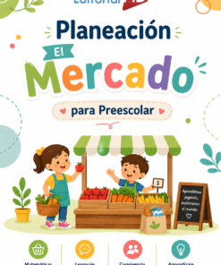 Dos niños juegan con Planeación El Mercado para Preescolar, un puesto de mercado imaginario. Una niña le da una manzana a un niño en el puesto. El juego fomenta las habilidades preescolares de matemáticas, lenguaje, cooperación, exploración y planificación.