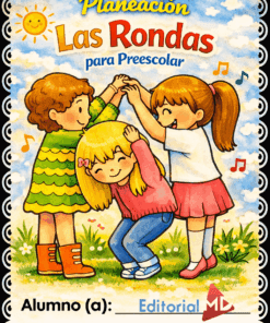 Tres niños sonrientes juegan sobre la hierba bajo un cielo azul, representando rondas. Dos forman un arco mientras el tercero se agacha, con coloridas notas musicales y el logotipo de Planeación Las Rondas para Preescolar enmarcando la animada escena.