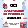 Cartel de colores con material escolar, libros y una manzana. El texto dice: "OCI Cuestionario 50 Preguntas Lenguajes. Incluye clave de respuestas. Libro de nuestros saberes". En la parte inferior derecha aparece la portada de un libro.