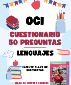 Cartel de colores con material escolar, libros y una manzana. El texto dice: "OCI Cuestionario 50 Preguntas Lenguajes. Incluye clave de respuestas. Libro de nuestros saberes". En la parte inferior derecha aparece la portada de un libro.