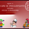 Ilustración con texto en español sobre cómo mejorar la velocidad de procesamiento repasando trabajos y profesiones. Incluye un icono de un cerebro, un payaso riéndose, un chef haciendo el gesto de "vale" y un repartidor en scooter.