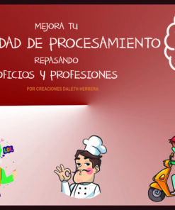 Ilustración con texto en español sobre cómo mejorar la velocidad de procesamiento repasando trabajos y profesiones. Incluye un icono de un cerebro, un payaso riéndose, un chef haciendo el gesto de "vale" y un repartidor en scooter.