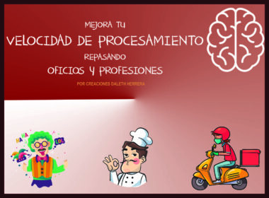Ilustración con texto en español sobre cómo mejorar la velocidad de procesamiento repasando trabajos y profesiones. Incluye un icono de un cerebro, un payaso riéndose, un chef haciendo el gesto de "vale" y un repartidor en scooter.