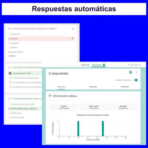 Una captura de pantalla de una interfaz digital que muestra una función denominada "respuestas automáticas" con texto en español para "Examen interactivo en los formularios de Google para las clases virtuales. 3er Grado ESPAÑOL", elementos interactivos y gráficos estadísticos que muestran los datos de las respuestas.