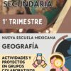 Afiche promocional de la Planeación Geografía Primer grado Secundaria Trimestre I, que muestra un globo terráqueo, ilustraciones de estudiantes con binoculares e íconos para proyectos colaborativos. Destaca "Nueva Escuela Mexicana" y "Metodología ABP", con planeaciones actualizadas para un viaje de aprendizaje profundo.