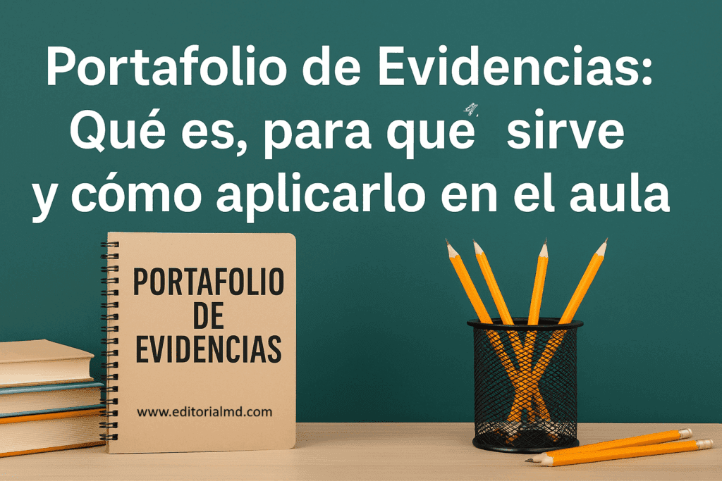 Un cuaderno con la etiqueta "Portafolio de Evidencias" se encuentra sobre un escritorio con lápices, frente a una pizarra verde que dice: "Portafolio de Evidencias: Qué es, para qué sirve y cómo aplicarlo en el aula.
