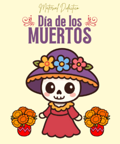 Ilustración de un simpático esqueleto con un sombrero morado con flores de colores y un vestido rojo, de pie entre dos macetas de caléndulas. El texto superior reza "Día de los Muertos", con florituras decorativas.