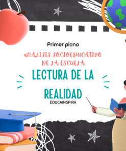Un colorido gráfico educativo en formato, titulado “Análisis del contexto socioeducativo de la escuela”, con “Educainspira” e ilustraciones de una manzana, un globo terráqueo, un birrete de graduación, libros y una persona sosteniendo un libro.