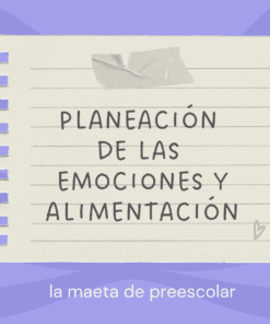 Una página de cuaderno arrancada con el texto "Planeación de las emociones y alimentación" escrito en ella. Debajo, sobre un fondo violeta, aparece el texto "la maeta de preescolar". En la esquina de la página hay un pequeño corazón dibujado.