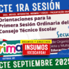 Gráfica digital a color con texto promocionando recursos para la "Primera Sesión Ordinaria del Consejo Técnico Escolar" para septiembre de 2025, ofreciendo guías gratuitas, infografías y materiales descargables para profesores y directores.