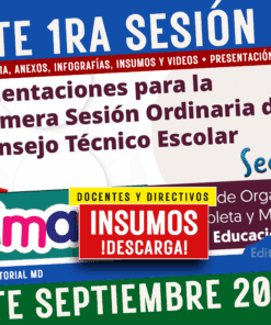Gráfica digital a color con texto promocionando recursos para la "Primera Sesión Ordinaria del Consejo Técnico Escolar" para septiembre de 2025, ofreciendo guías gratuitas, infografías y materiales descargables para profesores y directores.