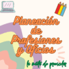 Colorida ilustración con el texto "Planeación de Profesiones y Oficios" en naranja y "la maestra de preescolar" en verde. Incluye una computadora portátil, lápices de colores y un fondo de arcoíris ondulado.