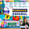 Colorido póster educativo para una rúbrica de 3º de primaria en español de Editorial MD, con criterios de evaluación, una manzana, un lápiz, una pizarra, iconos escolares y una mujer sonriendo en la esquina inferior derecha.