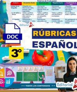 Colorido póster educativo para una rúbrica de 3º de primaria en español de Editorial MD, con criterios de evaluación, una manzana, un lápiz, una pizarra, iconos escolares y una mujer sonriendo en la esquina inferior derecha.