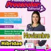 Un cartel educativo que presenta Planeación de preescolar híbrida (Noviembre) ciclo 2021-2022, una mujer sonriente, texto sobre la planificación preescolar híbrida para 2021-2022, clases híbridas y campos de aprendizaje. Se muestran colores brillantes y varios iconos.