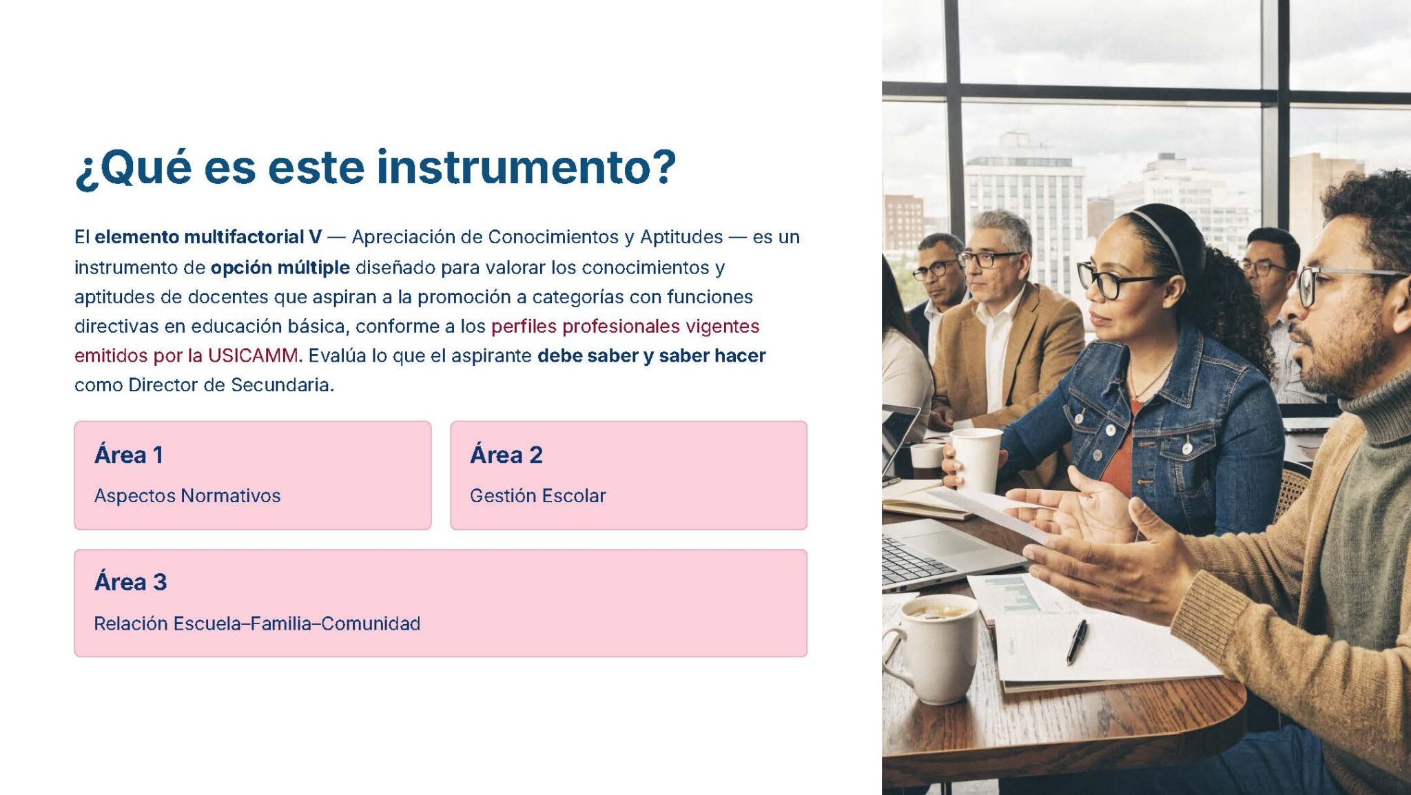 Guía de Apoyo Promoción Vertical Función Directiva Educación SECUNDARIA - USICAMM 2026 - 2027 + (Simulador 90 Reactivos) 6 Un grupo de adultos se sienta en un aula, escucha atentamente y toma notas. A la izquierda, un texto explica un instrumento multifactorial de evaluación de conocimientos con tres áreas: Aspectos Normativos, Gestión Escolar y Escuela-Familia-Comunidad.