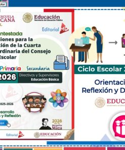 Un póster digital para el año escolar 2025-2026 con texto sobre directrices escolares, preparación para una reunión del consejo y logotipos para la educación mexicana. Presenta personas trabajando en pupitres y gráficos coloridos.